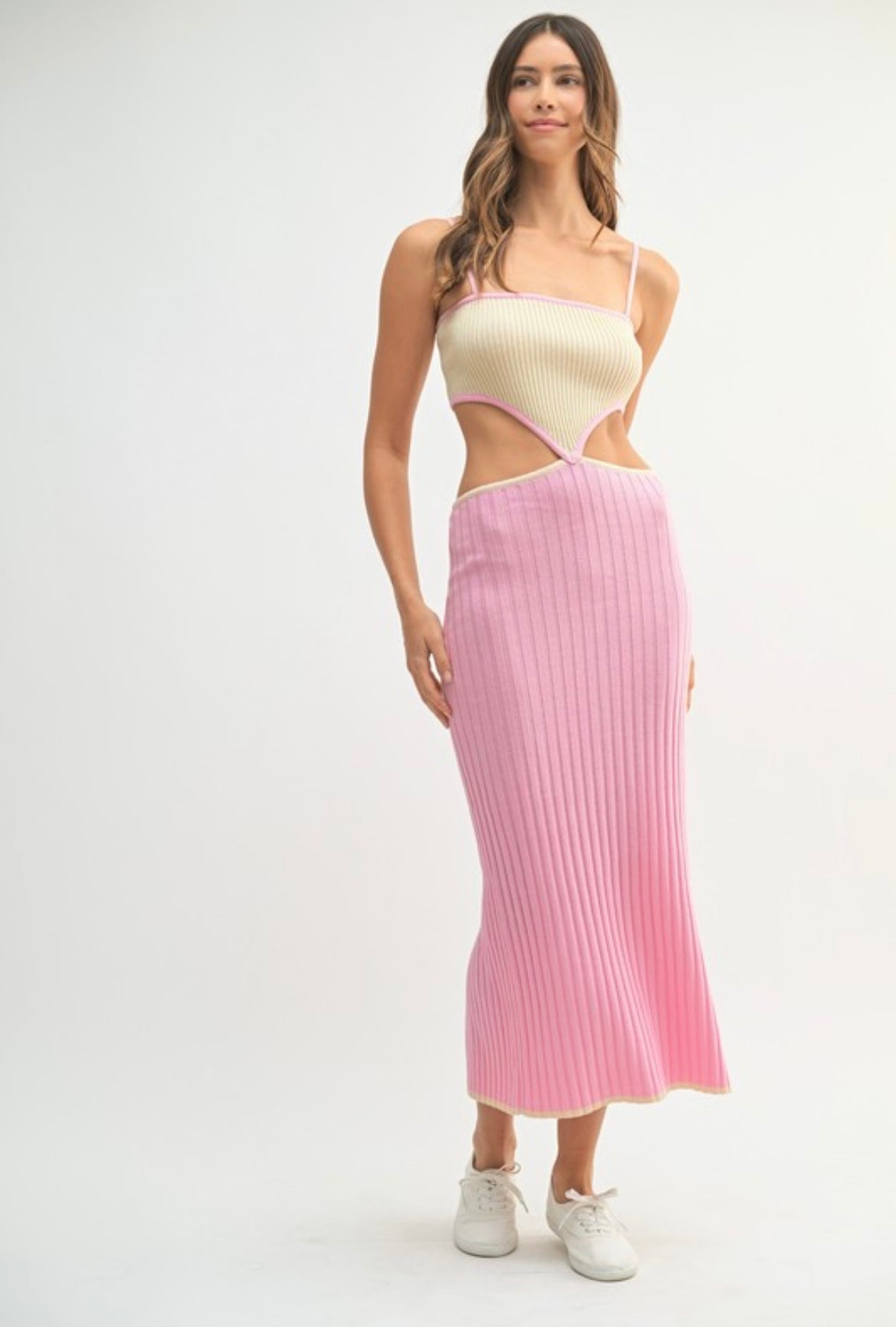 Knit Cut Out Dress in Pink/Beige