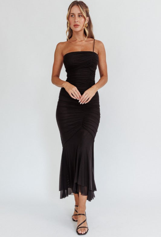 One Shoulder Ruched Dress in Black