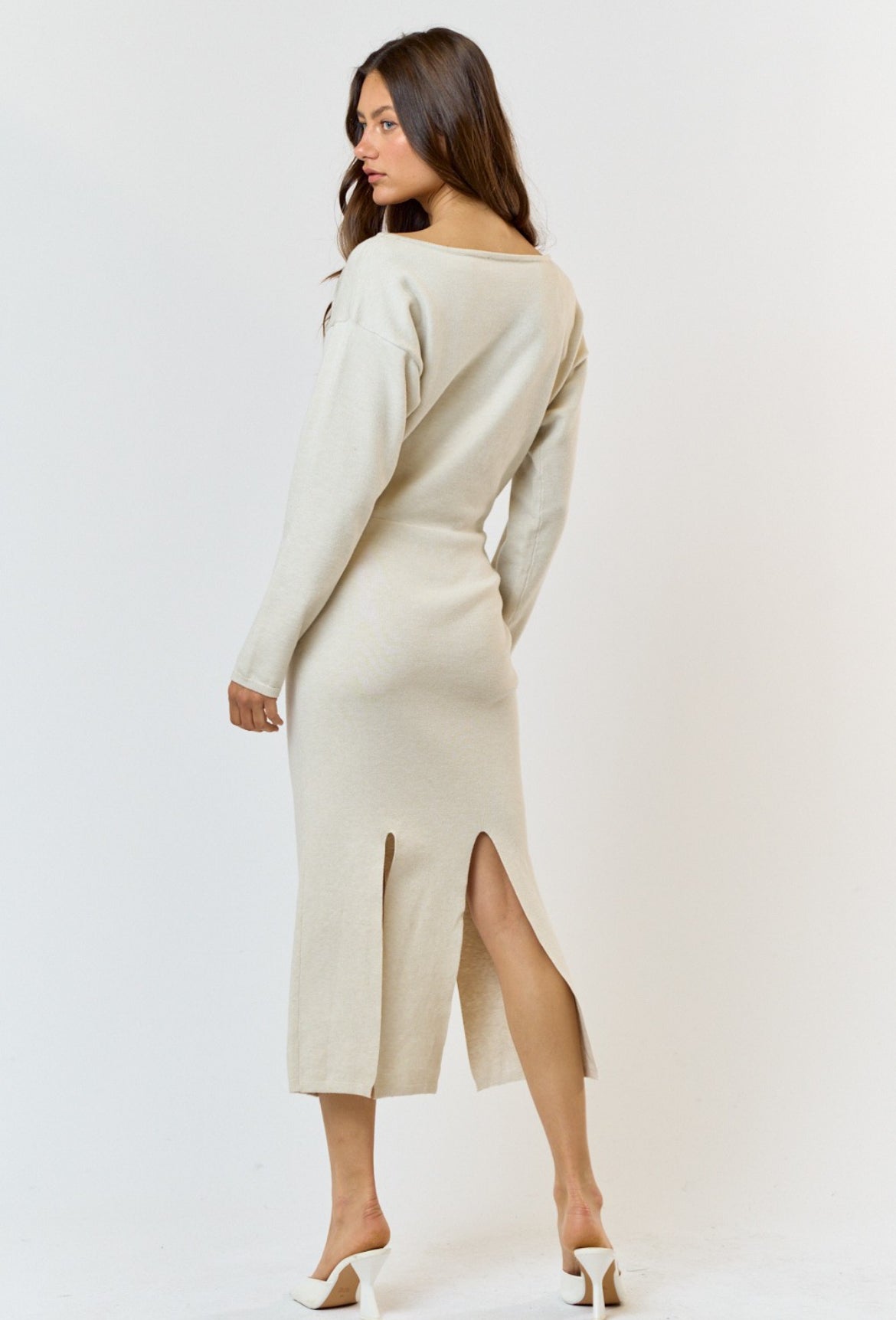Bottom Slit Knit Dress in Cream