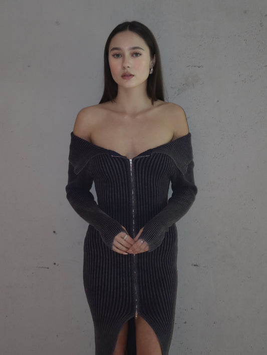 Off Shoulder Knit Dress in Dark Blue