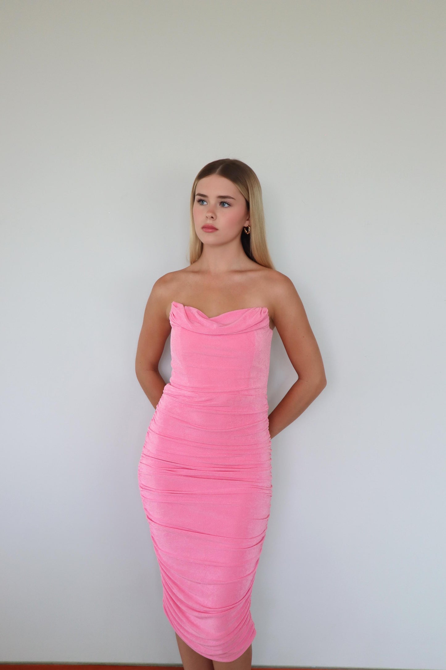 Strapless Ruched Midi Dress in Pink