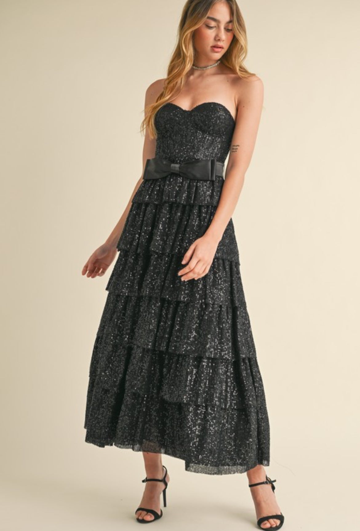 Strapless Sequin Ruffle Dress in Black