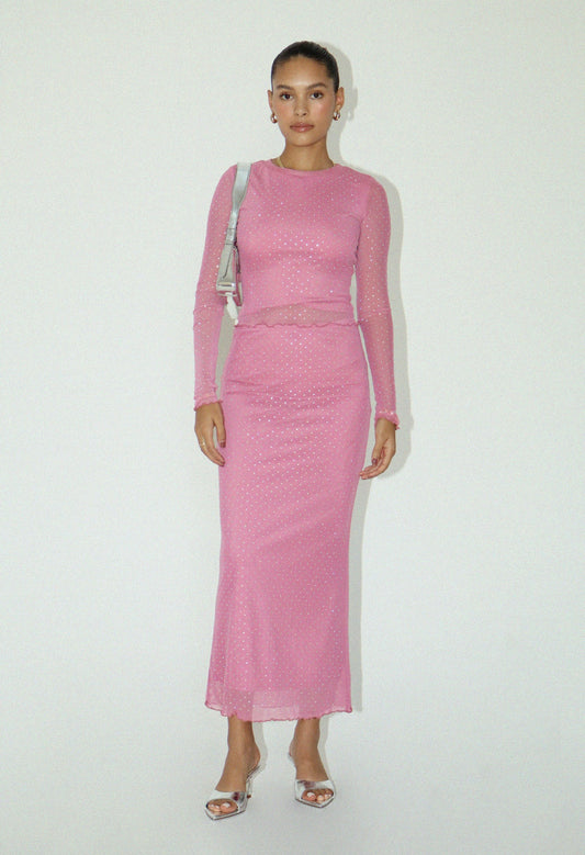 Rhinestone Top and Maxi Skirt Set in Pink