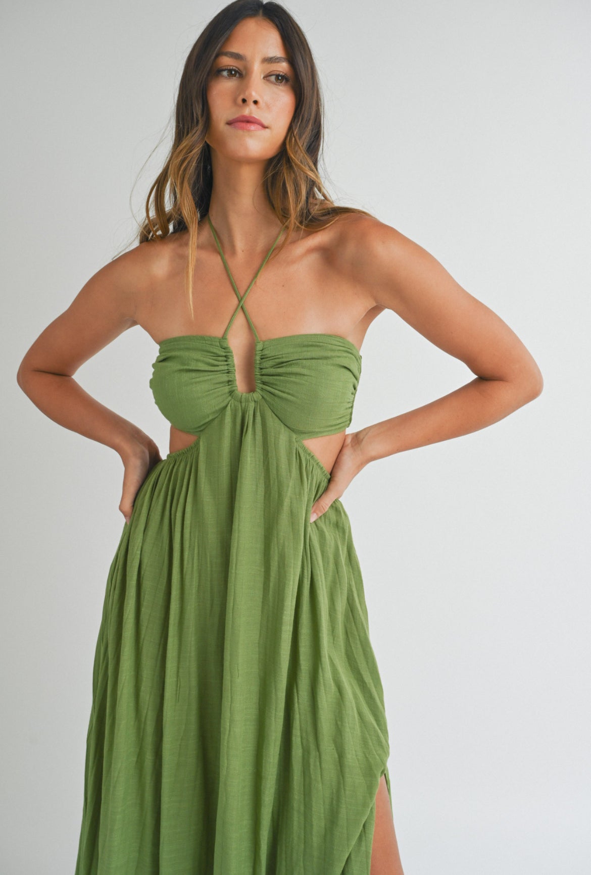 Halter Neck Cut Out Dress in Green