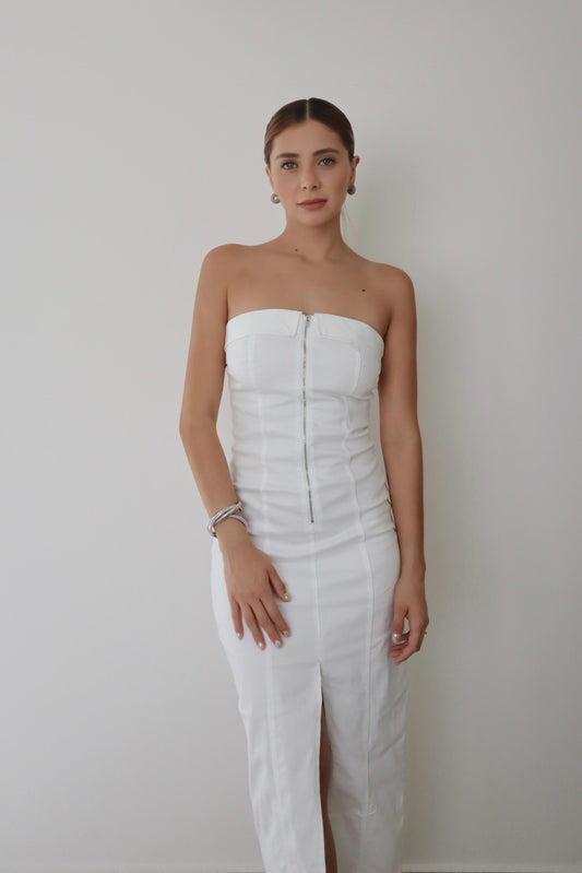 White Denim Strapless Dress