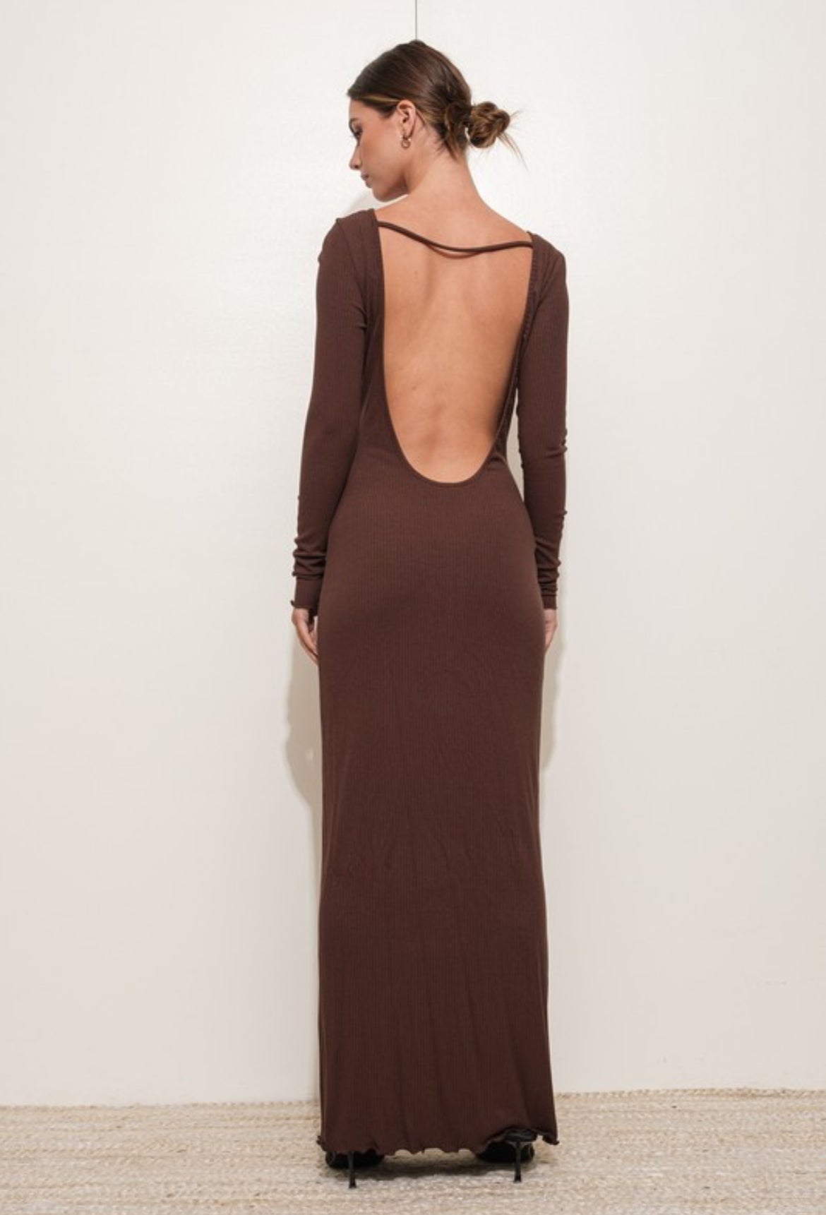 Knit Long Backless Dress in Brown