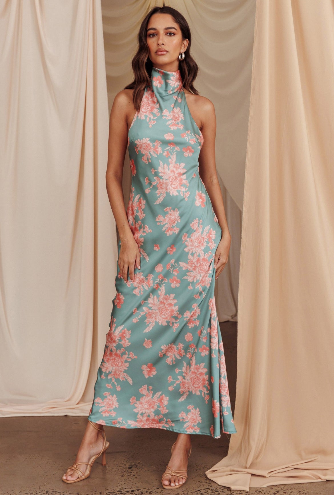 Halter Open Back Midi Dress with Pink Flowers