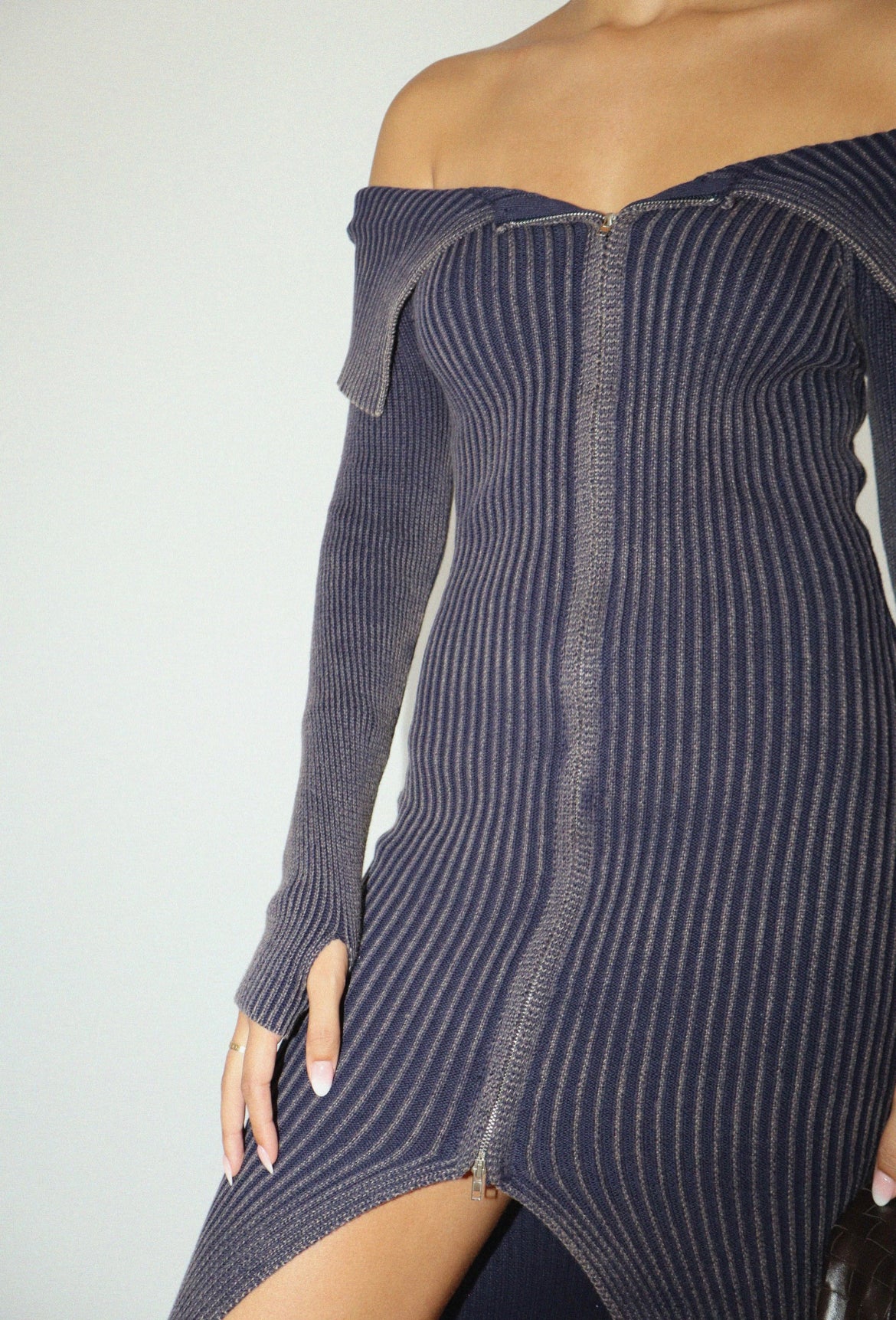 Off Shoulder Knit Dress in Dark Blue