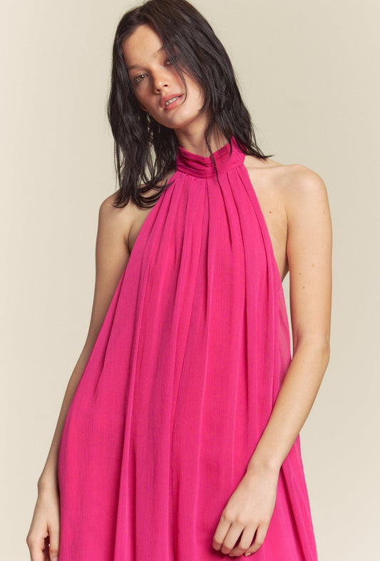 Mock Neck Halter Jumpsuit in Bright Pink