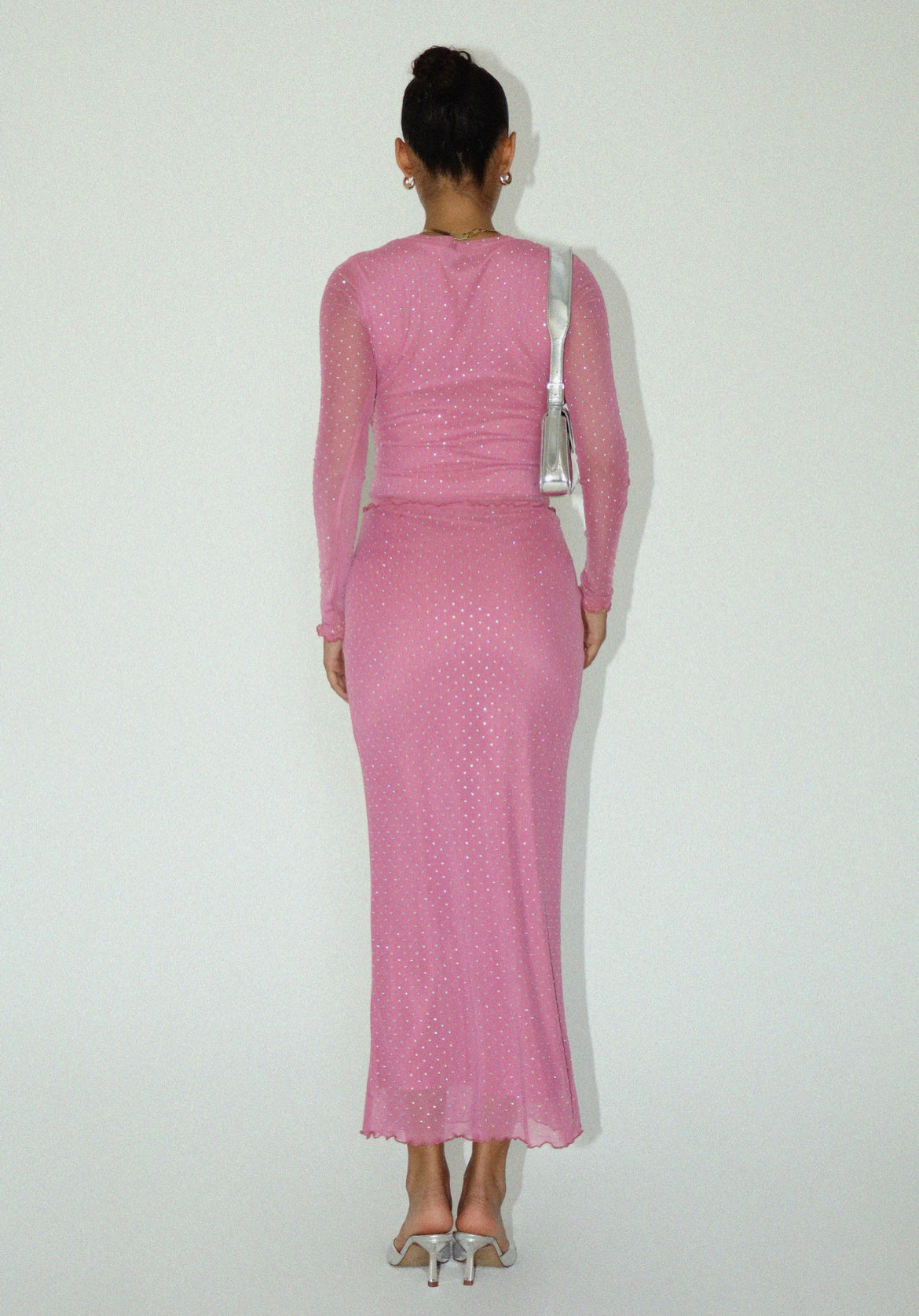 Rhinestone Top and Maxi Skirt Set in Pink