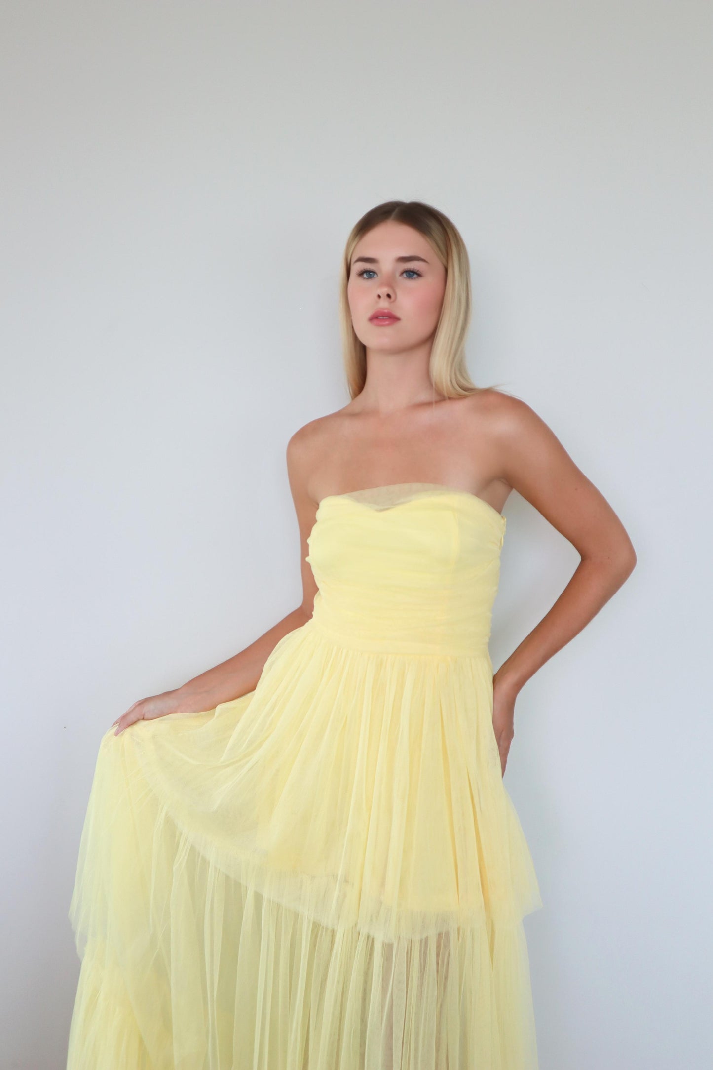 Strapless Mesh Maxi Dress in Yellow