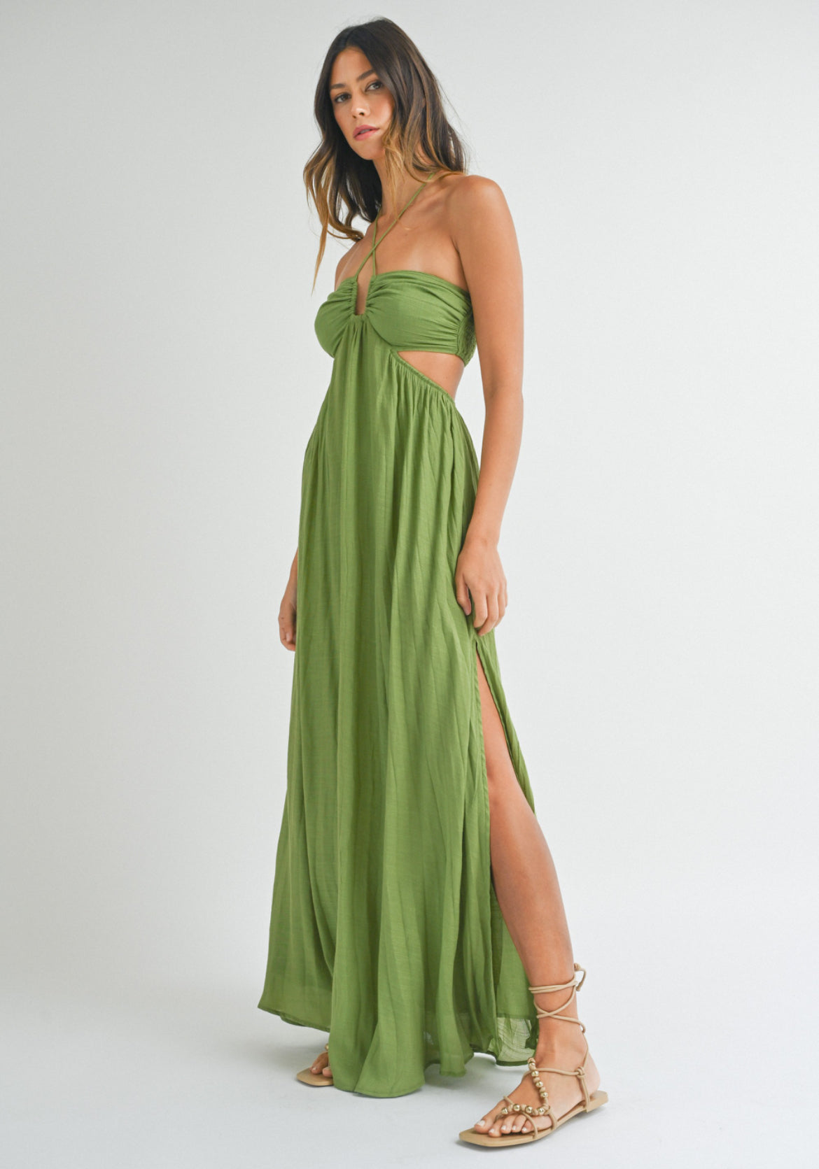 Halter Neck Cut Out Dress in Green