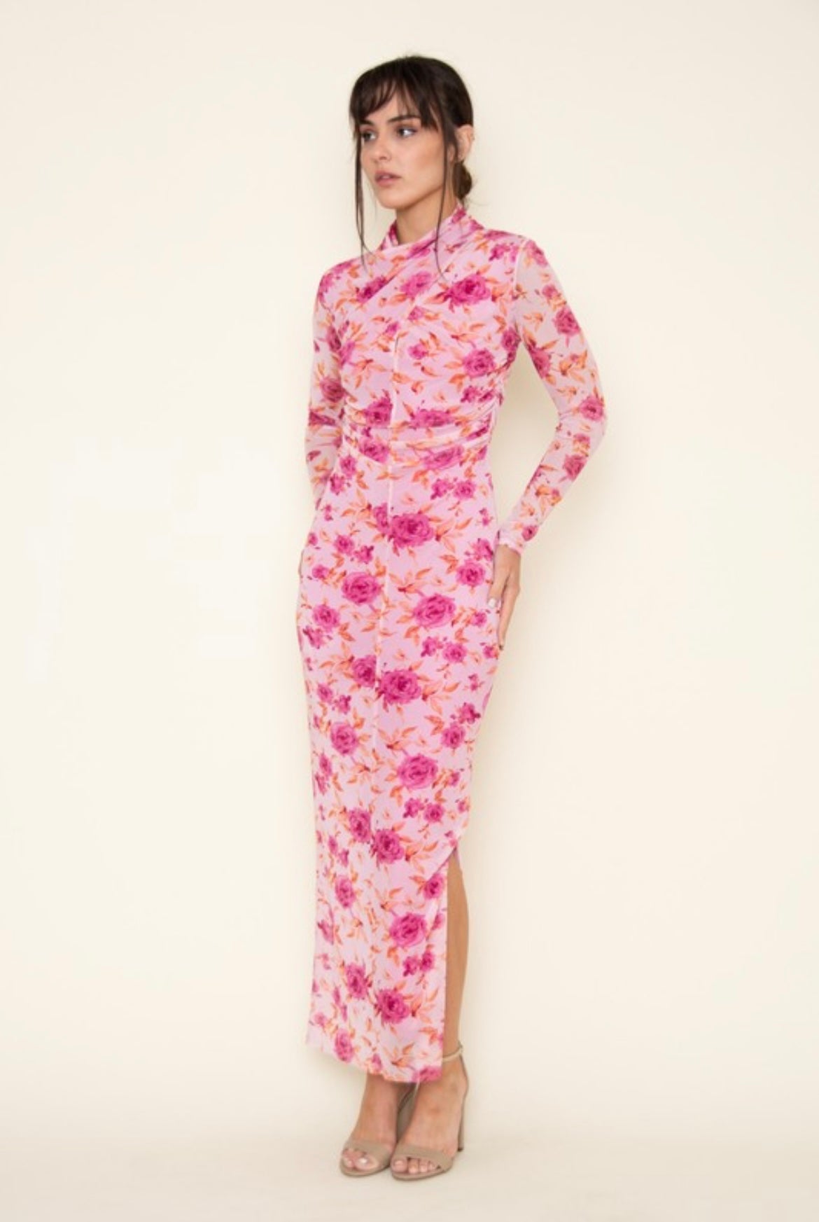 Mesh Turtleneck Flower Dress in Pink