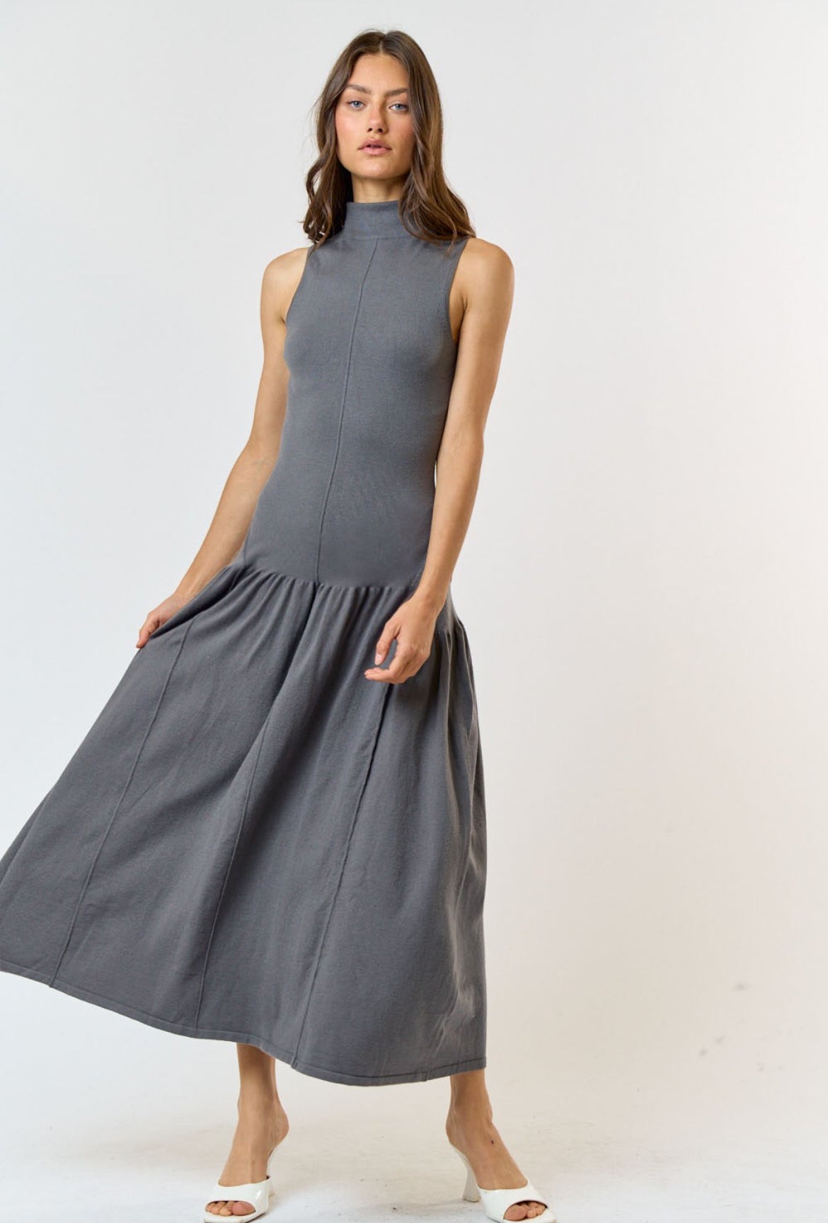 Mock Neck Sleeveless Maxi Dress in Gray