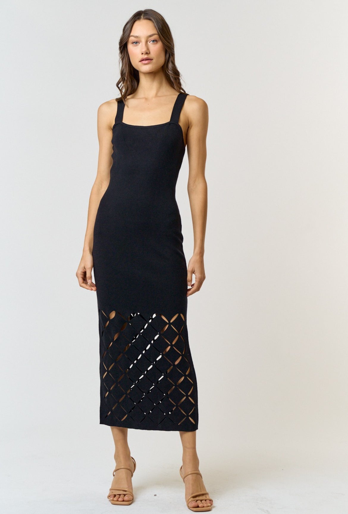 Lower Cut Out Detail Knit Dress in Black