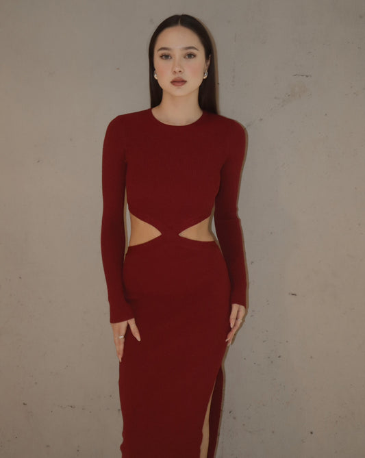 Knit Cut Out Dress in Burgundy