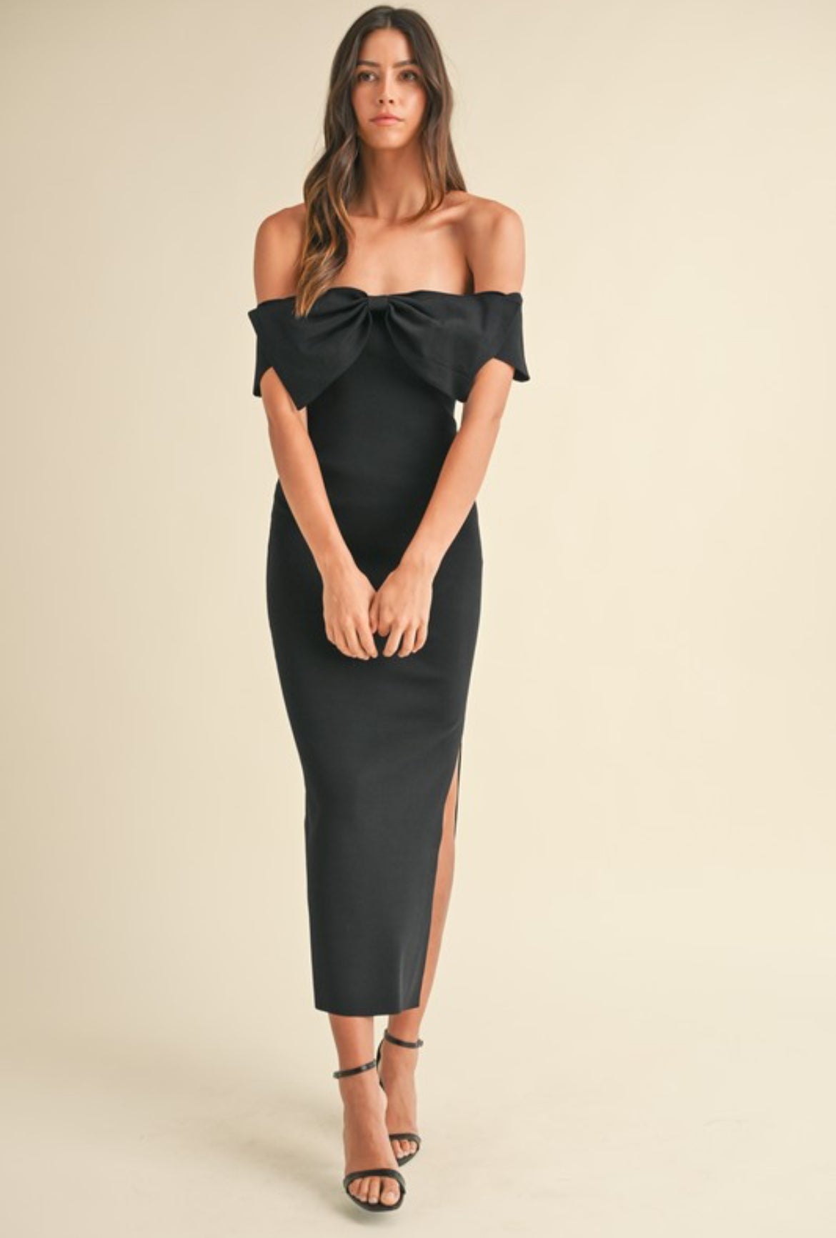 Front Bow Off Shoulder Dress in Black