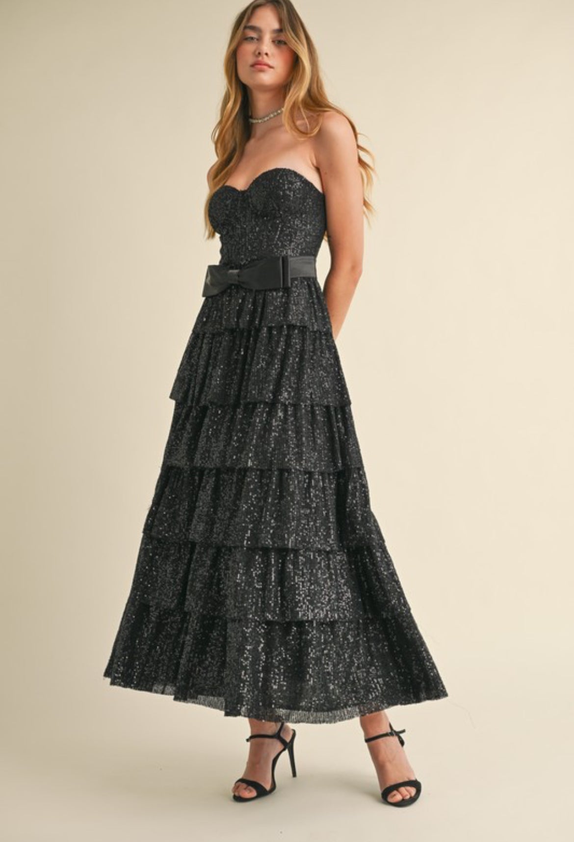 Strapless Sequin Ruffle Dress in Black