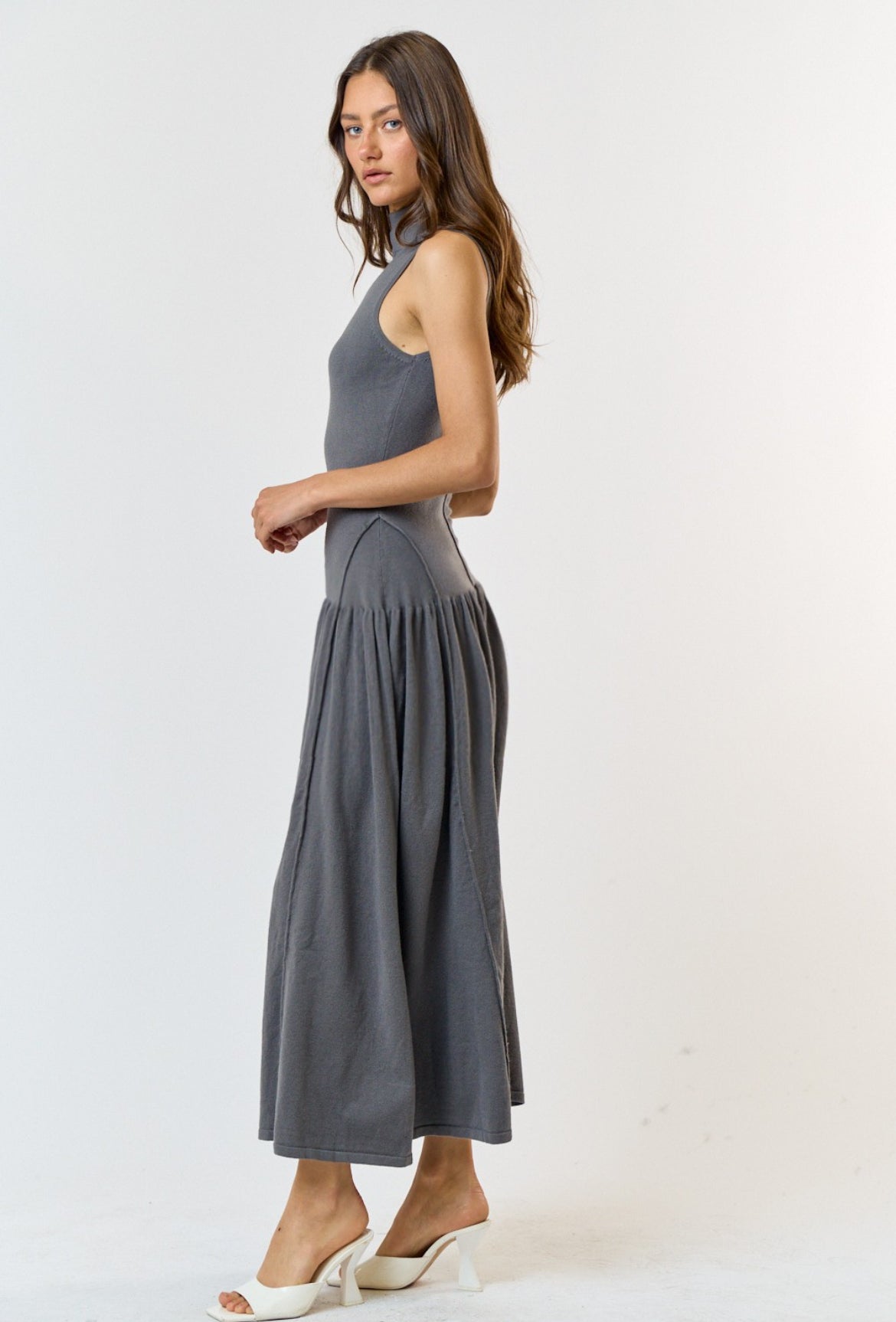 Mock Neck Sleeveless Maxi Dress in Gray