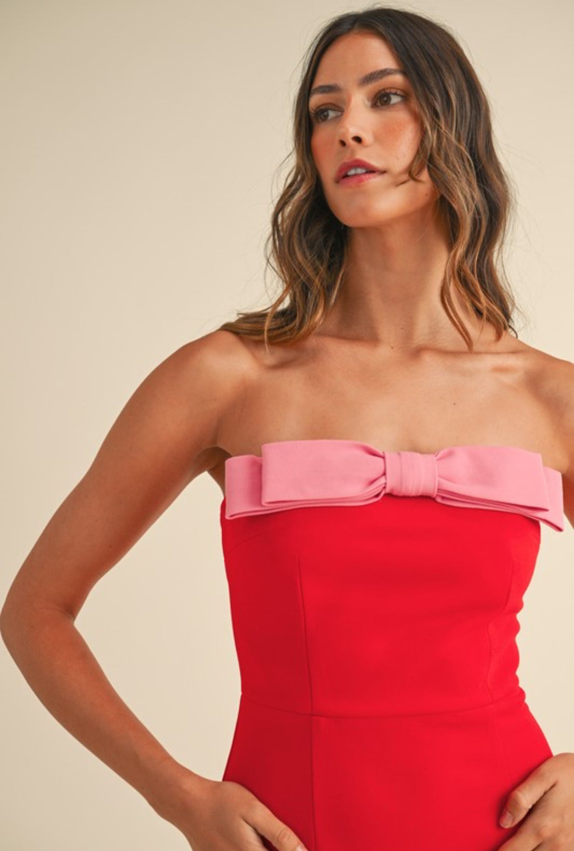 Strapless Dress in Red Pink Bow