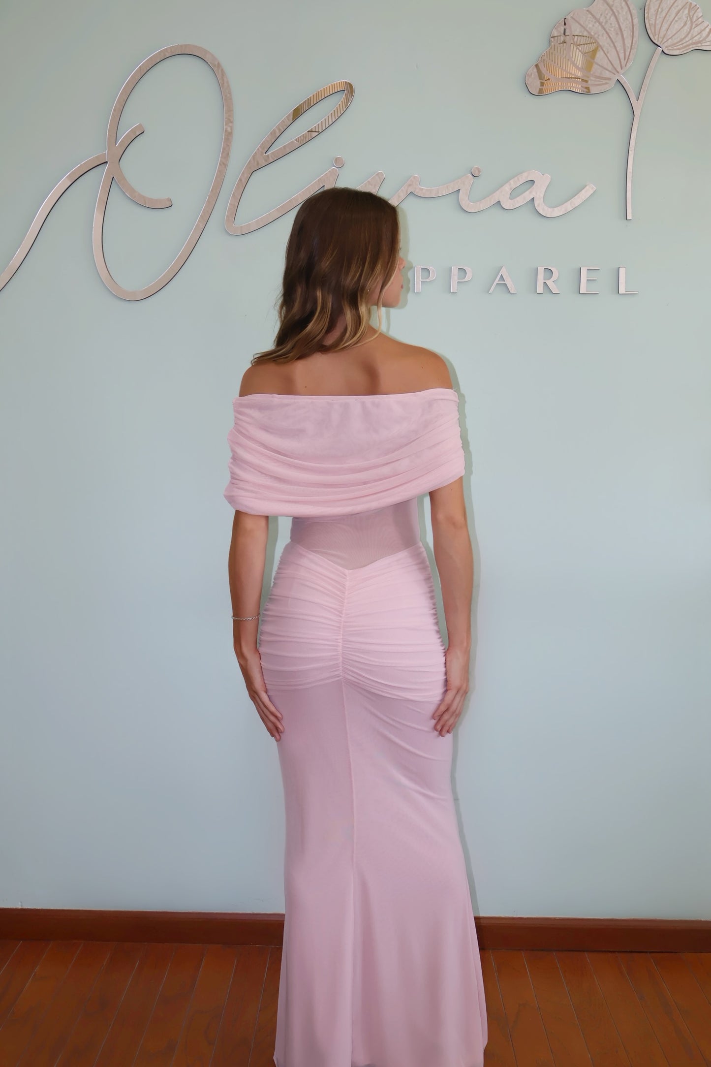 Ruched One Shoulder Dress in Baby Pink
