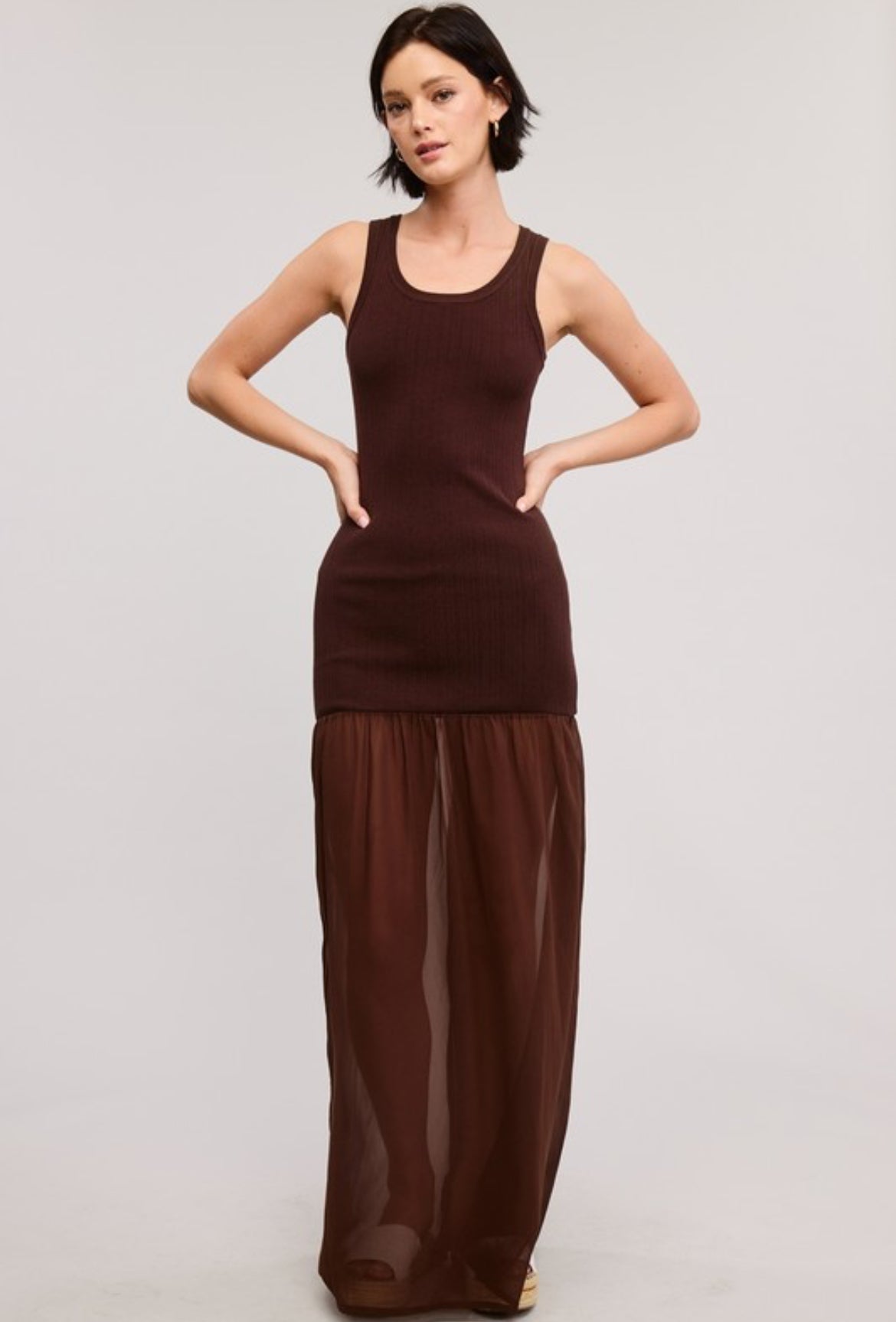 Tank knit dress and Sheer skirt Dress in Brown