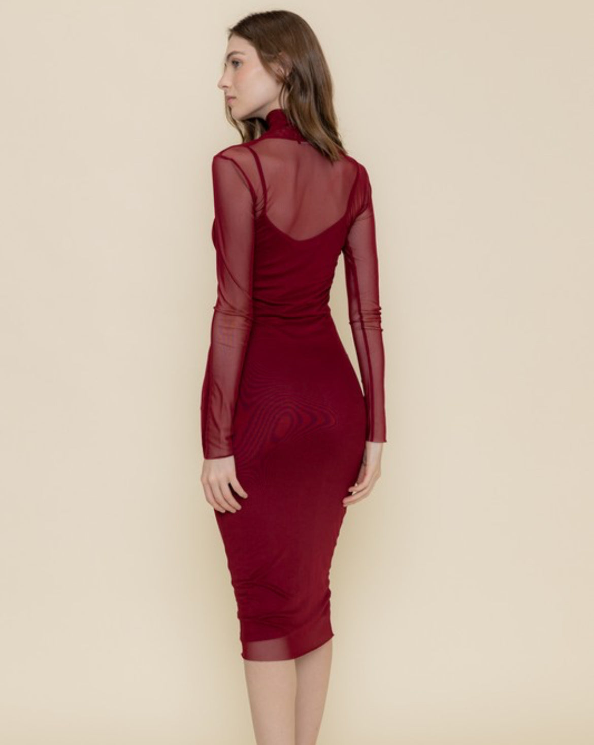 Mock Neck Mesh Dress in Burgundy