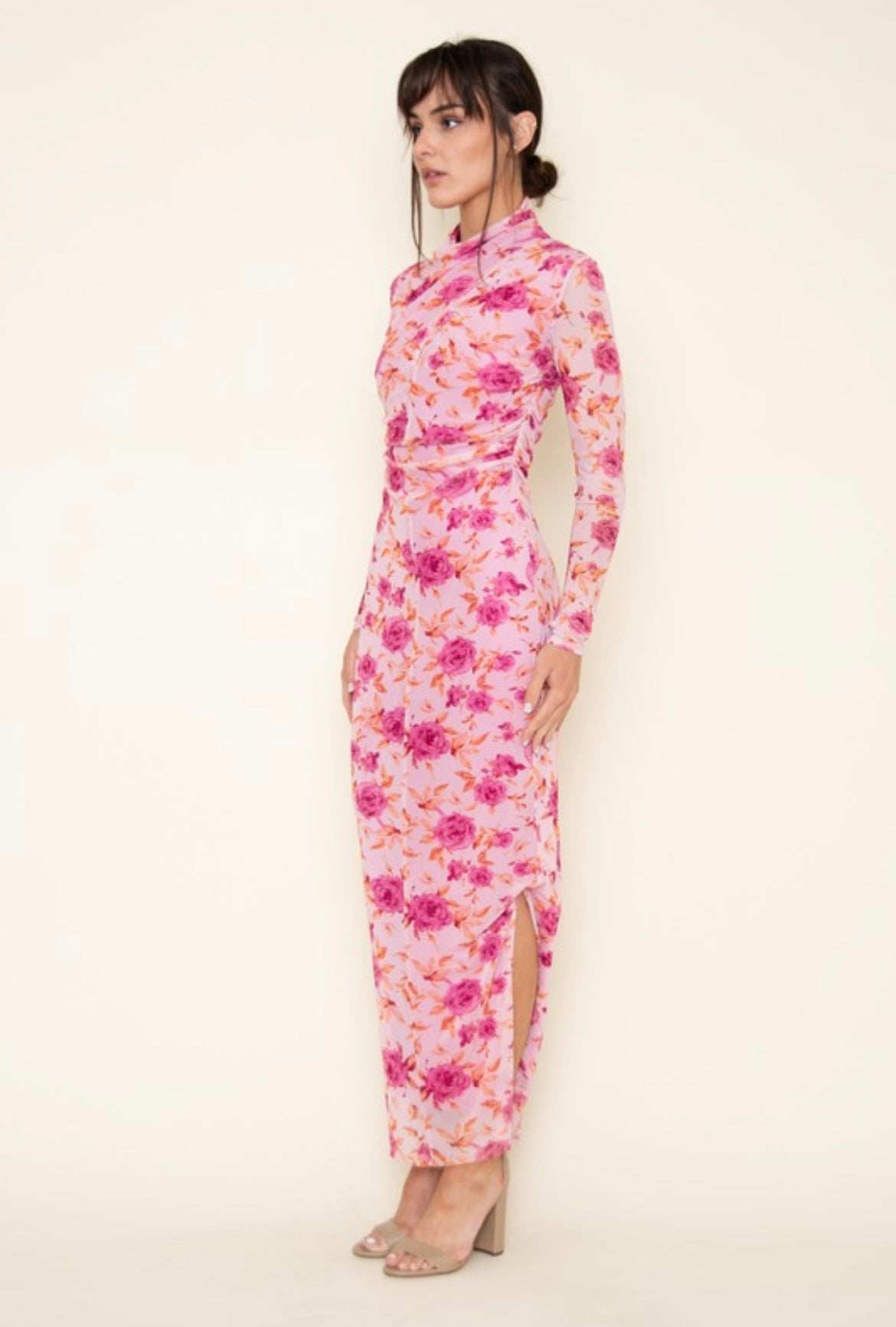 Mesh Turtleneck Flower Dress in Pink