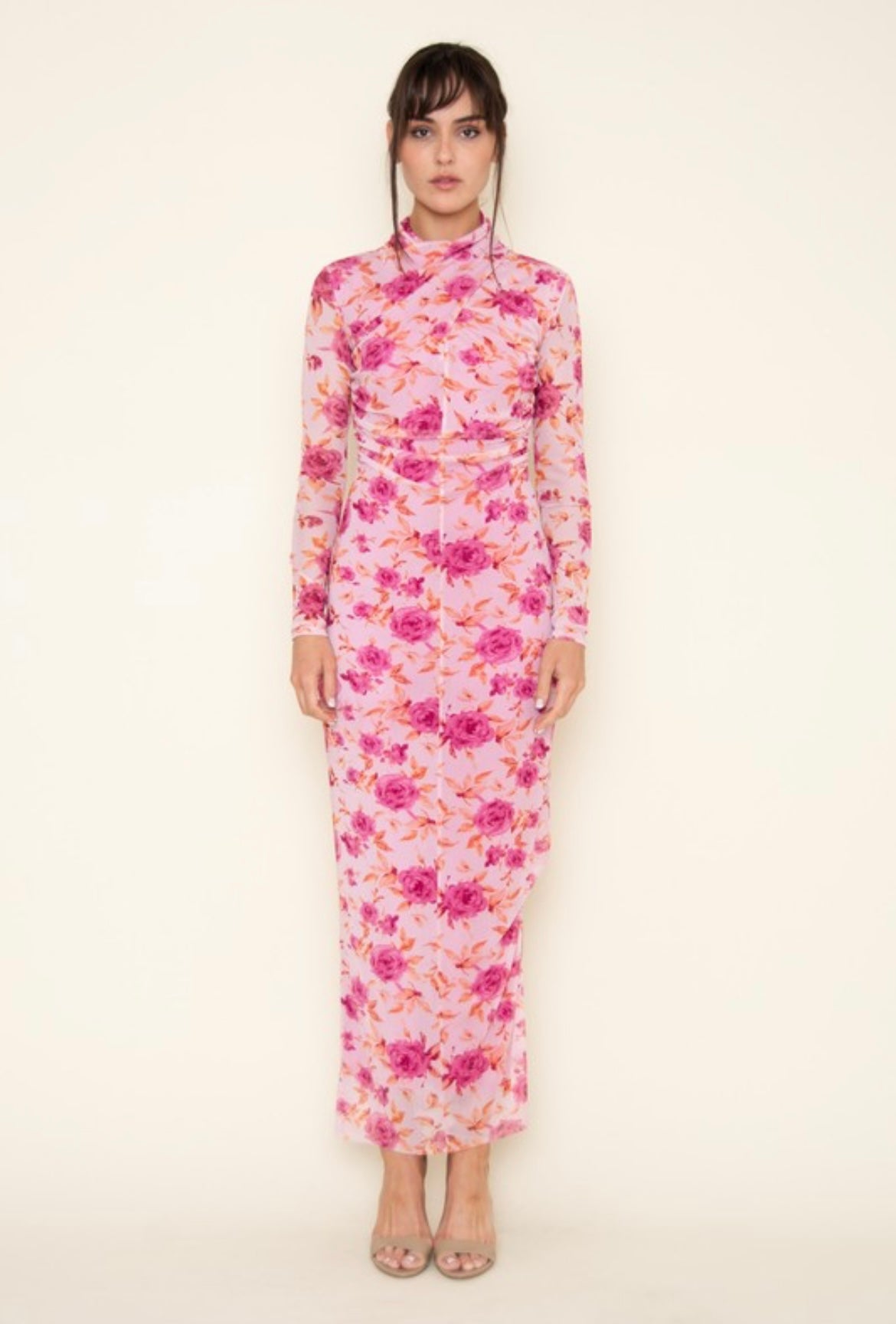 Mesh Turtleneck Flower Dress in Pink