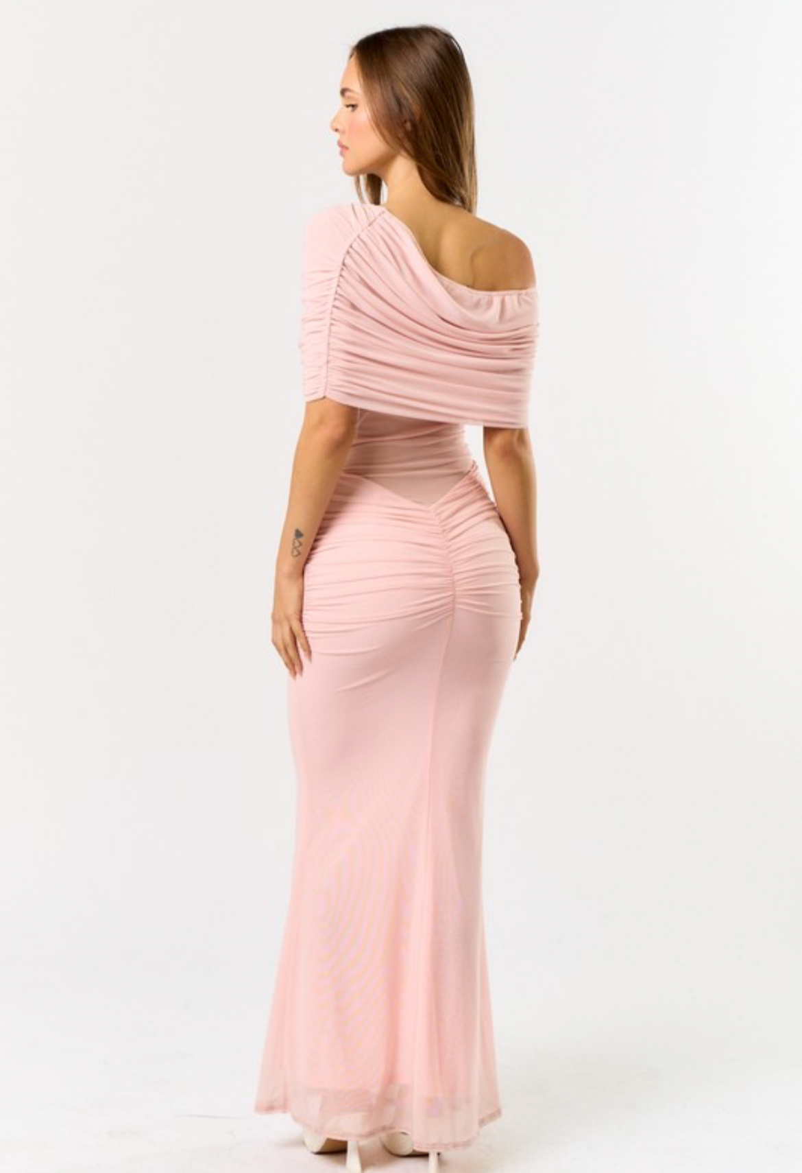 Ruched One Shoulder Dress in Baby Pink