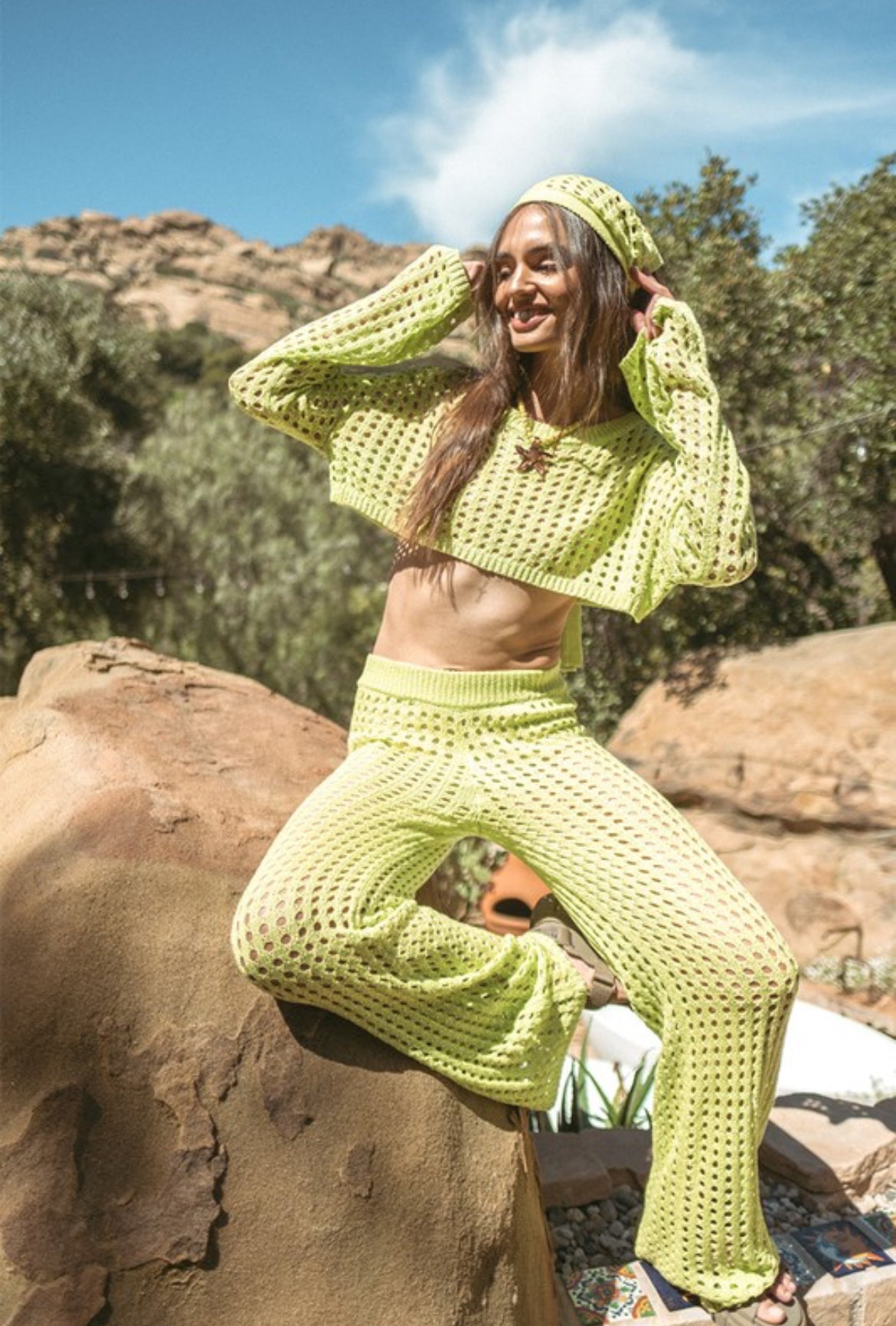 Crop top and Pants Crochet Set in Bright Green