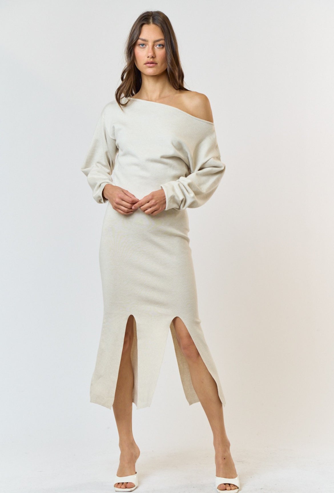 Bottom Slit Knit Dress in Cream