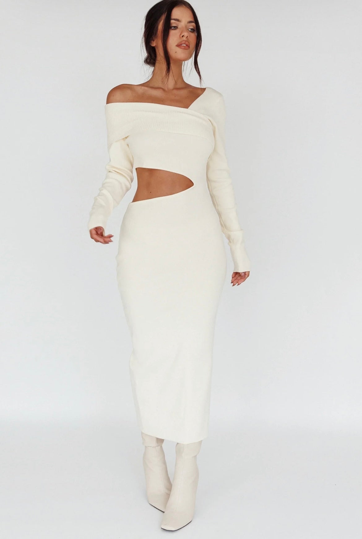 Cut Out Knit Dress in Cream