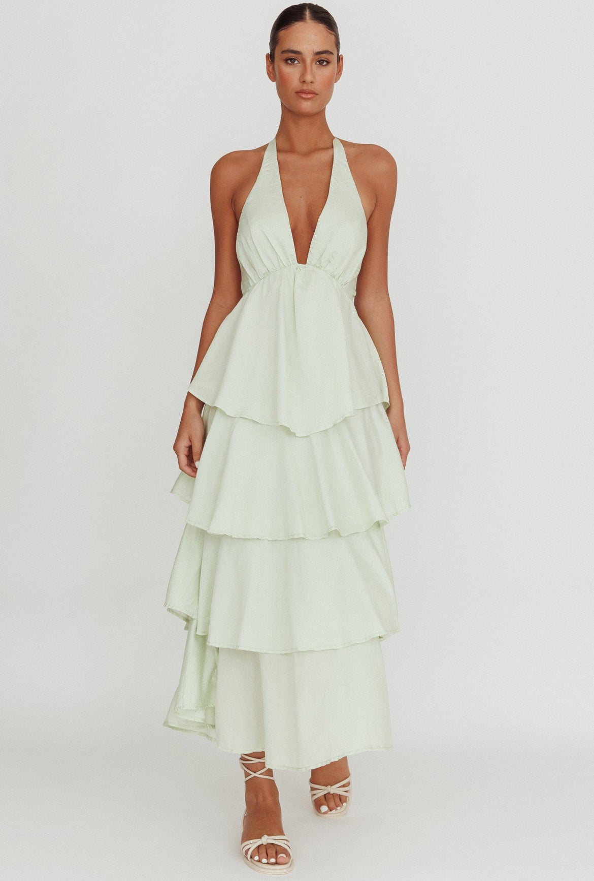 Open back Ruffled Maxi Dress in light Sage