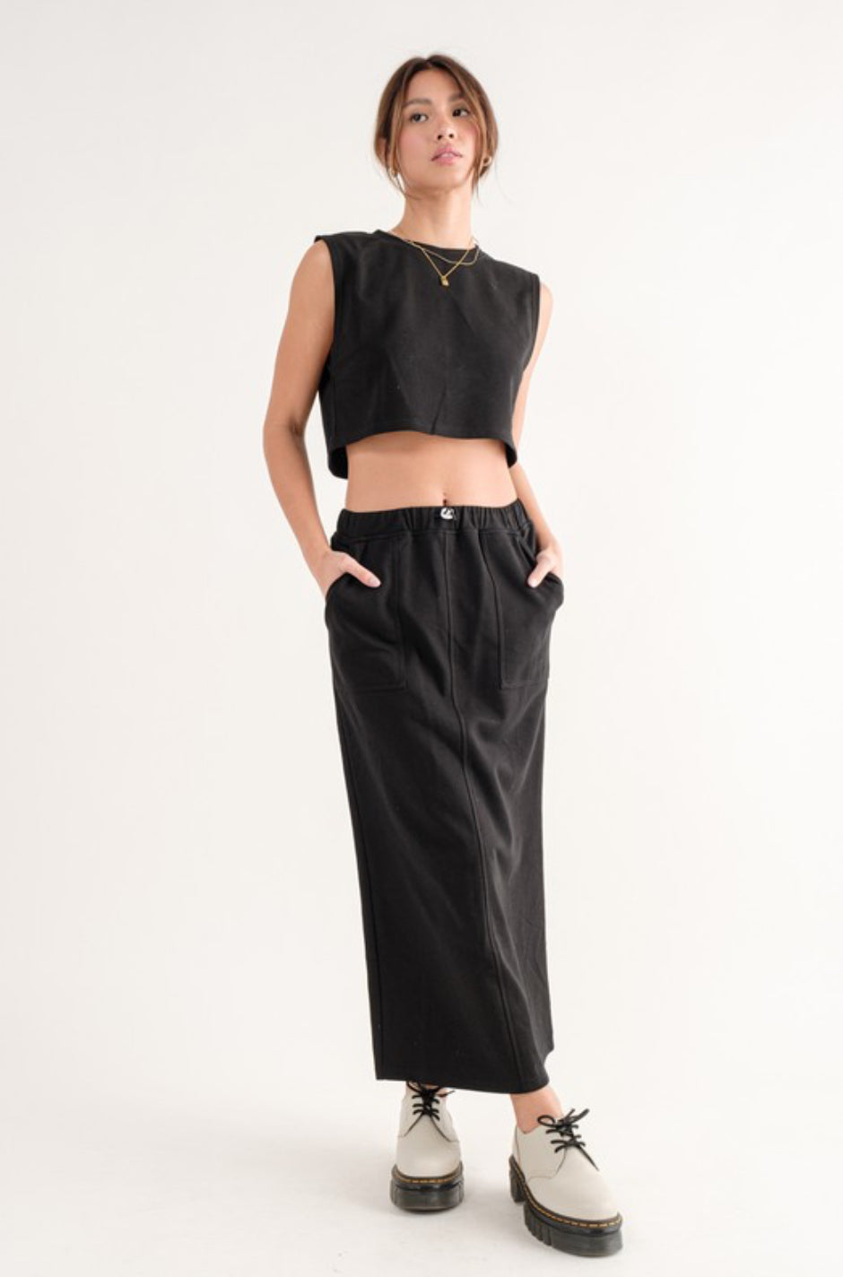 Crop Top and Maxi Skirt Set in Black