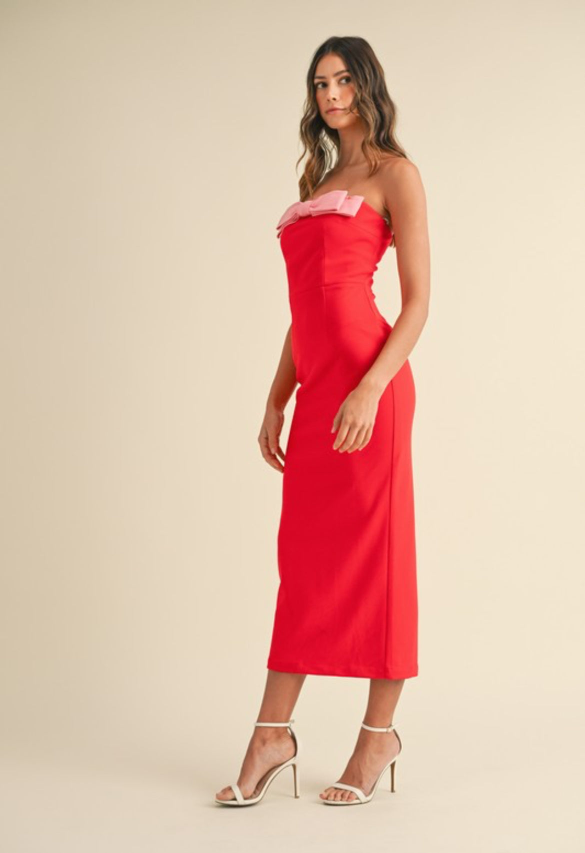 Strapless Dress in Red Pink Bow