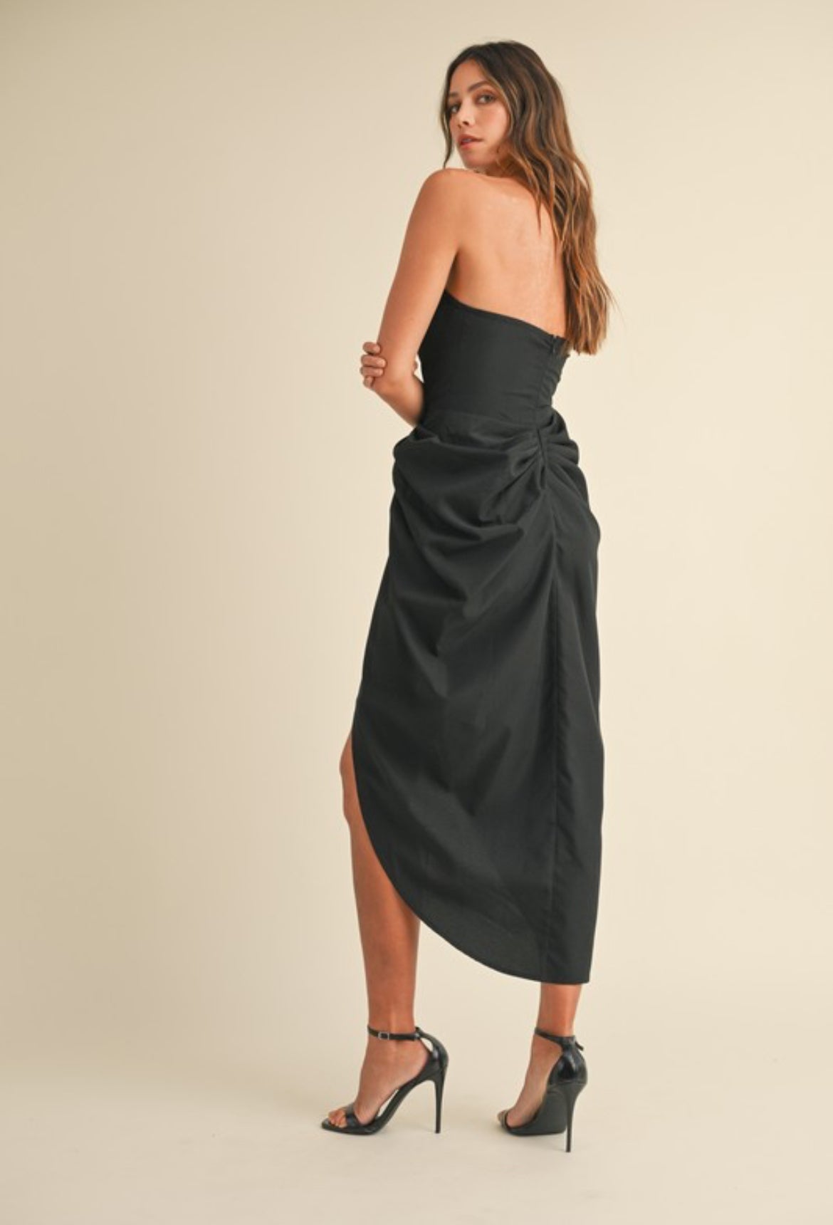 Strapless Drape Midi Dress in Black