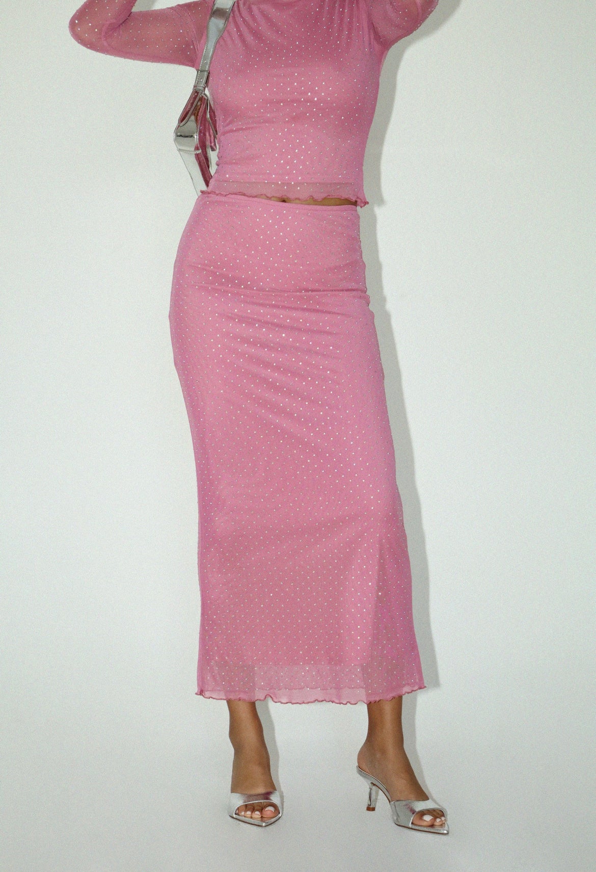 Rhinestone Top and Maxi Skirt Set in Pink