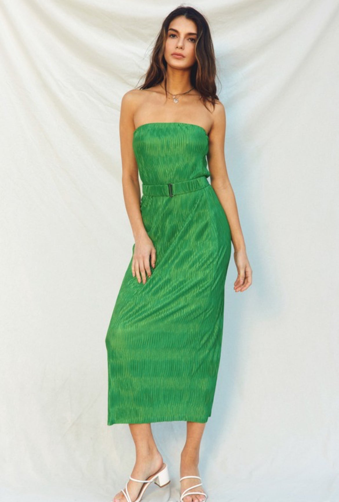 Pleated Strapless Dress in Green