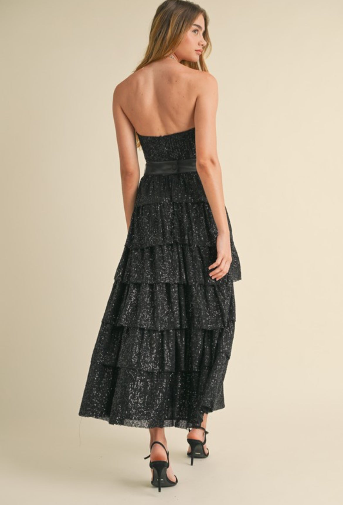 Strapless Sequin Ruffle Dress in Black