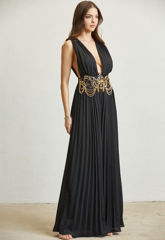 Rhinestone Detail Pleated Jumpsuit in Black