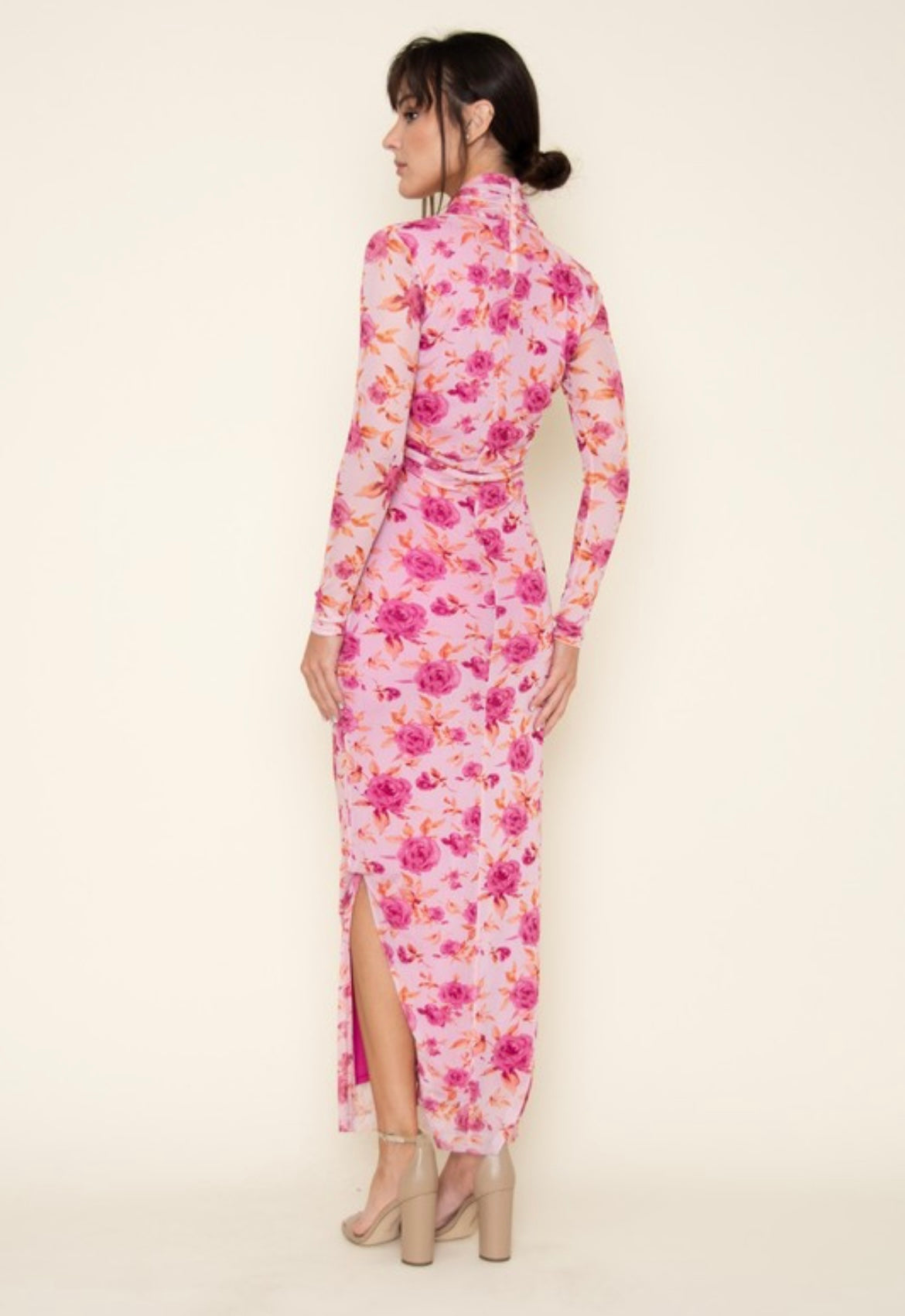 Mesh Turtleneck Flower Dress in Pink