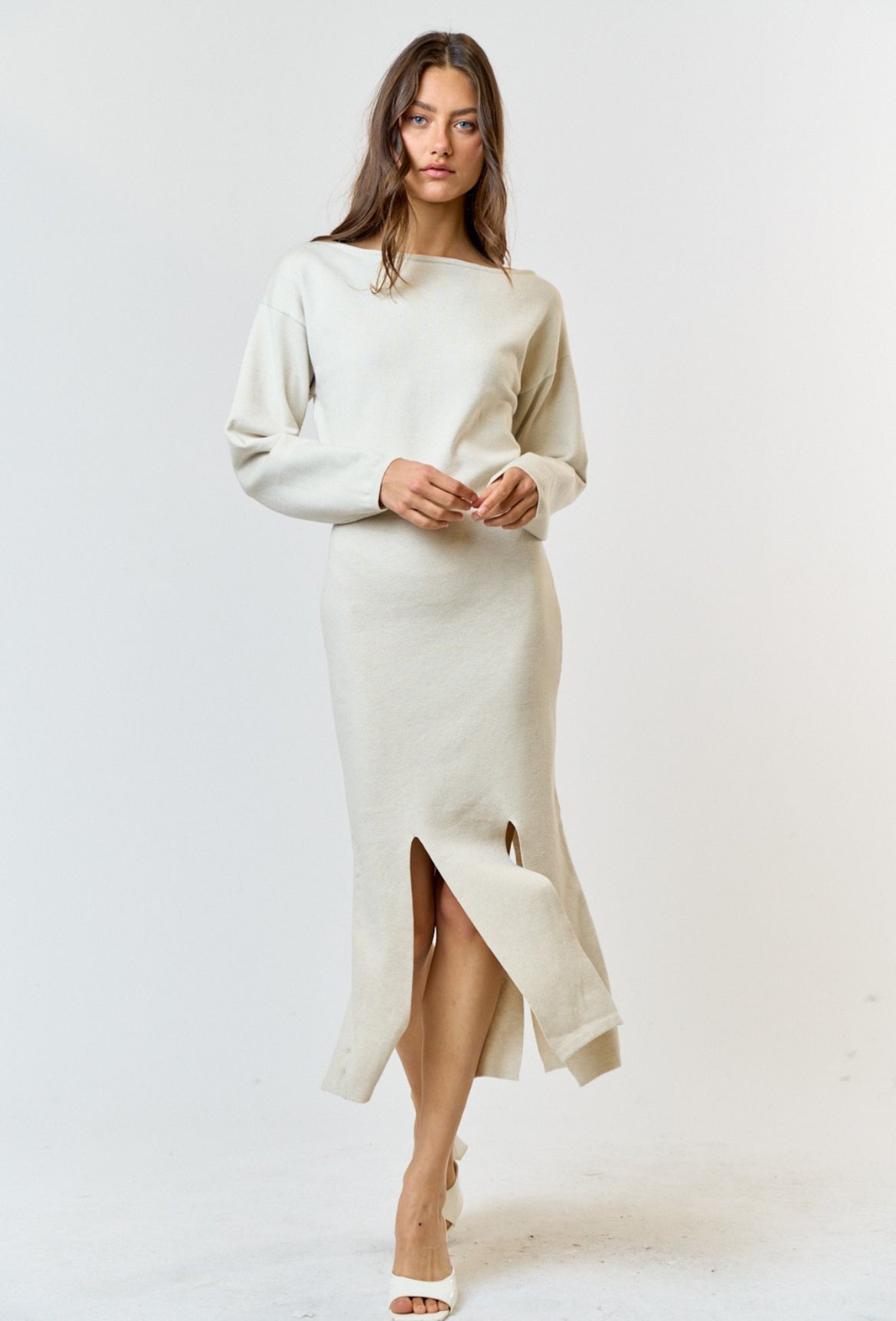 Bottom Slit Knit Dress in Cream