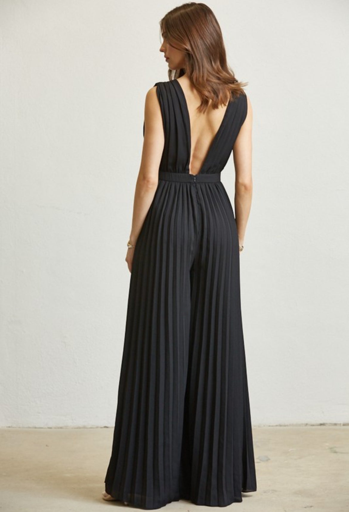 Rhinestone Detail Pleated Jumpsuit in Black