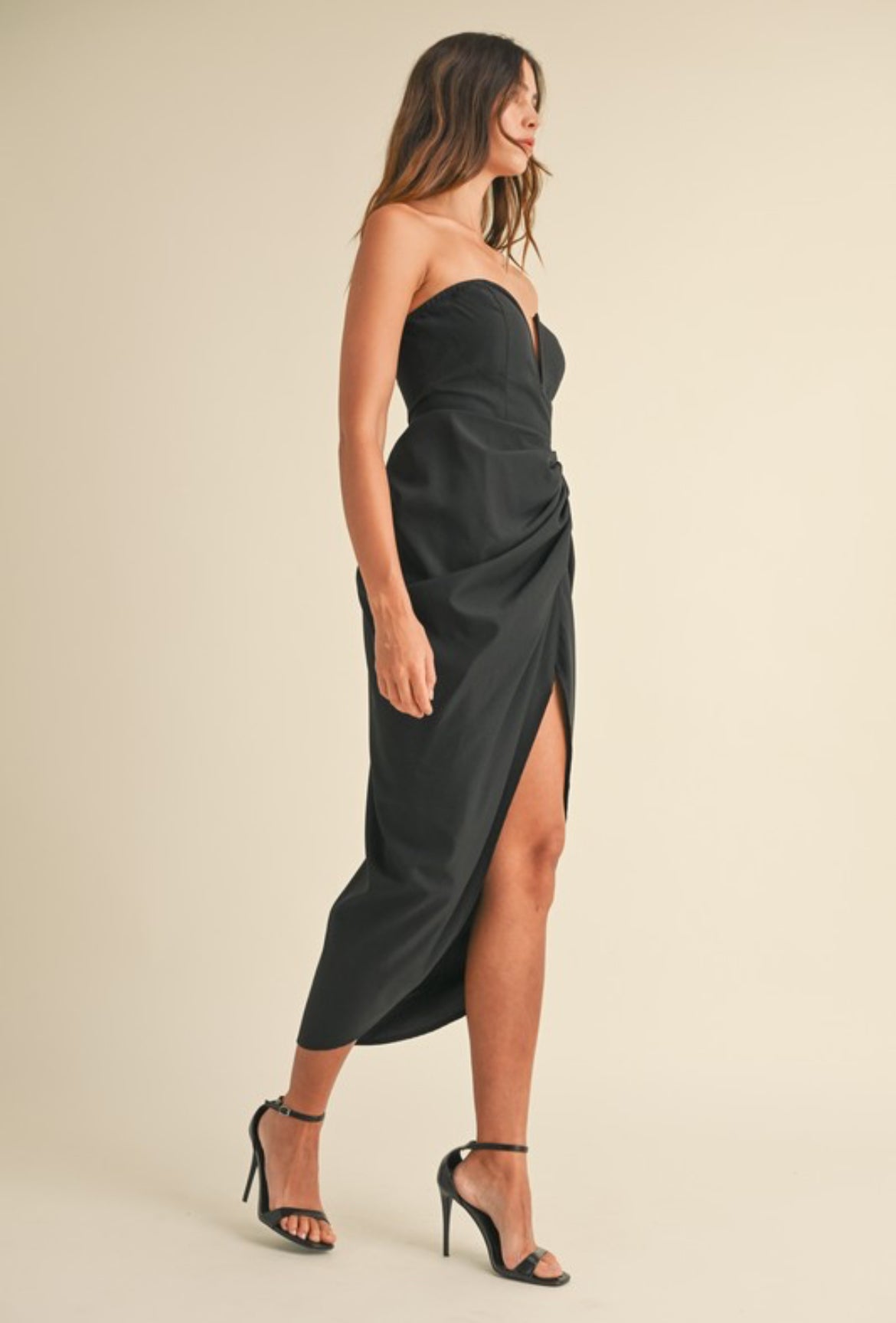 Strapless Drape Midi Dress in Black