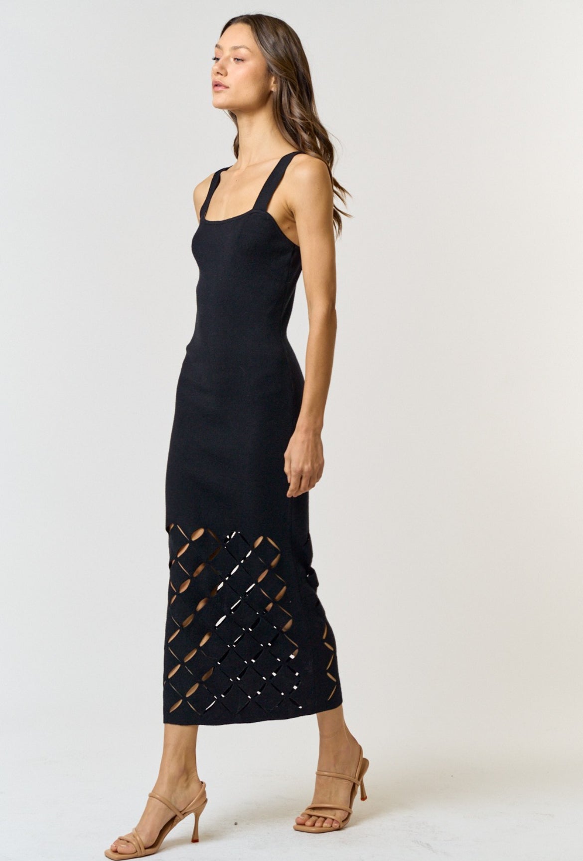 Lower Cut Out Detail Knit Dress in Black