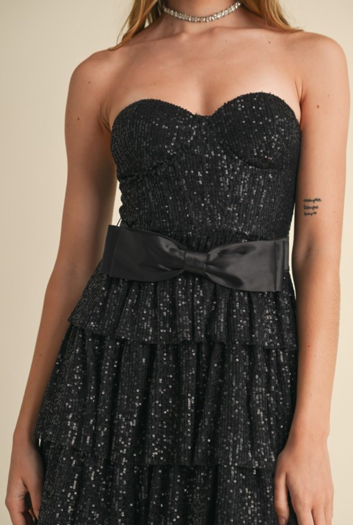 Strapless Sequin Ruffle Dress in Black