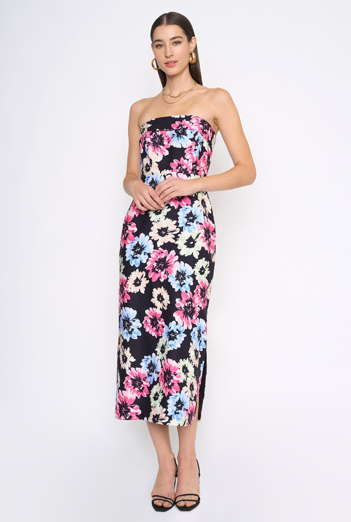 Strapless Floral Midi Dress