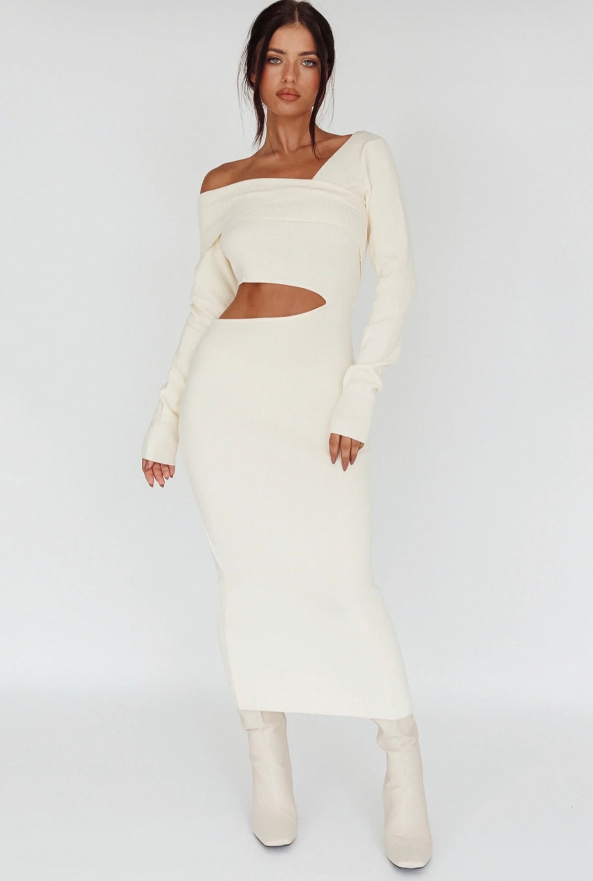 Cut Out Knit Dress in Cream