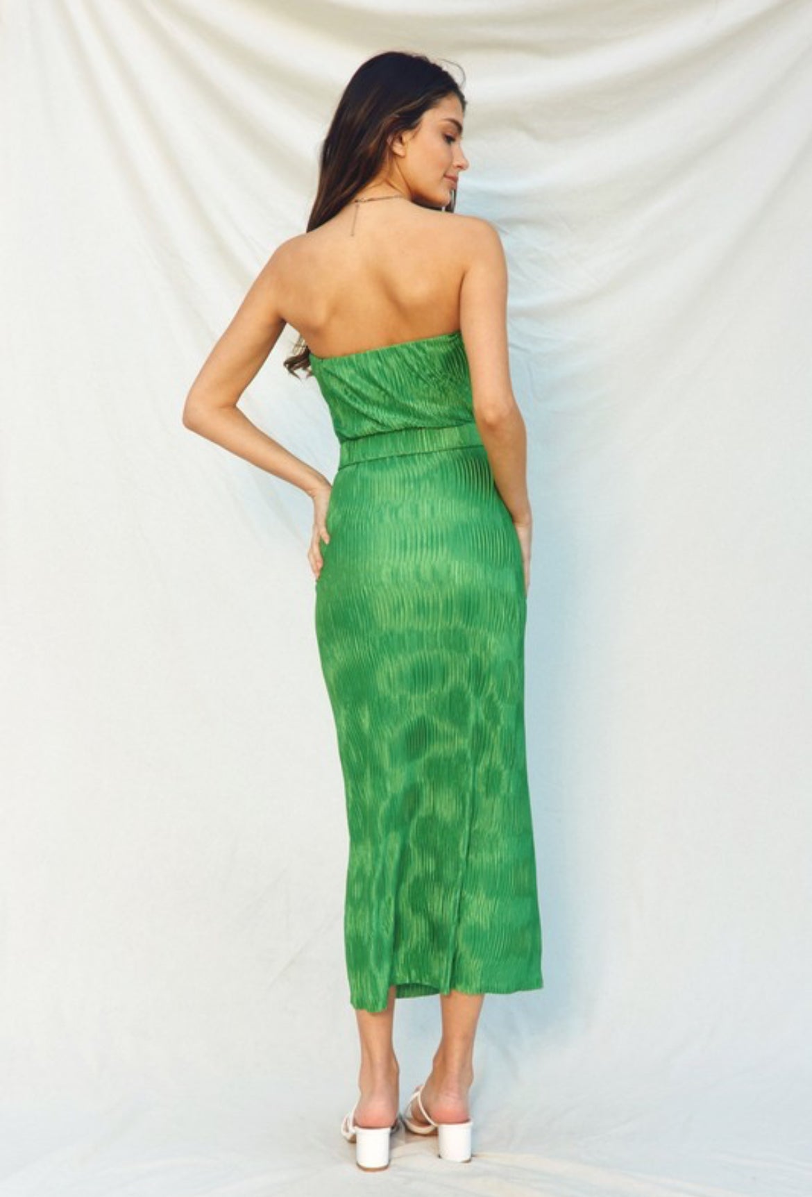 Pleated Strapless Dress in Green